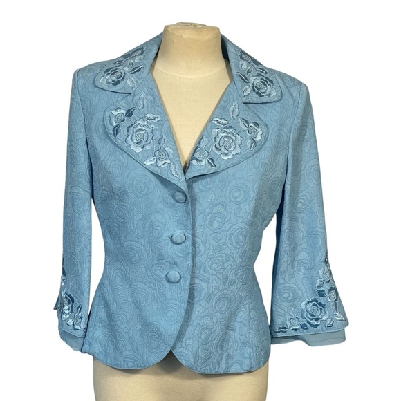 Plaza South Vintage Blue Floral Embroidered Accent Dressy Blazer Jacket Sz 6 - Picture 1 of 11